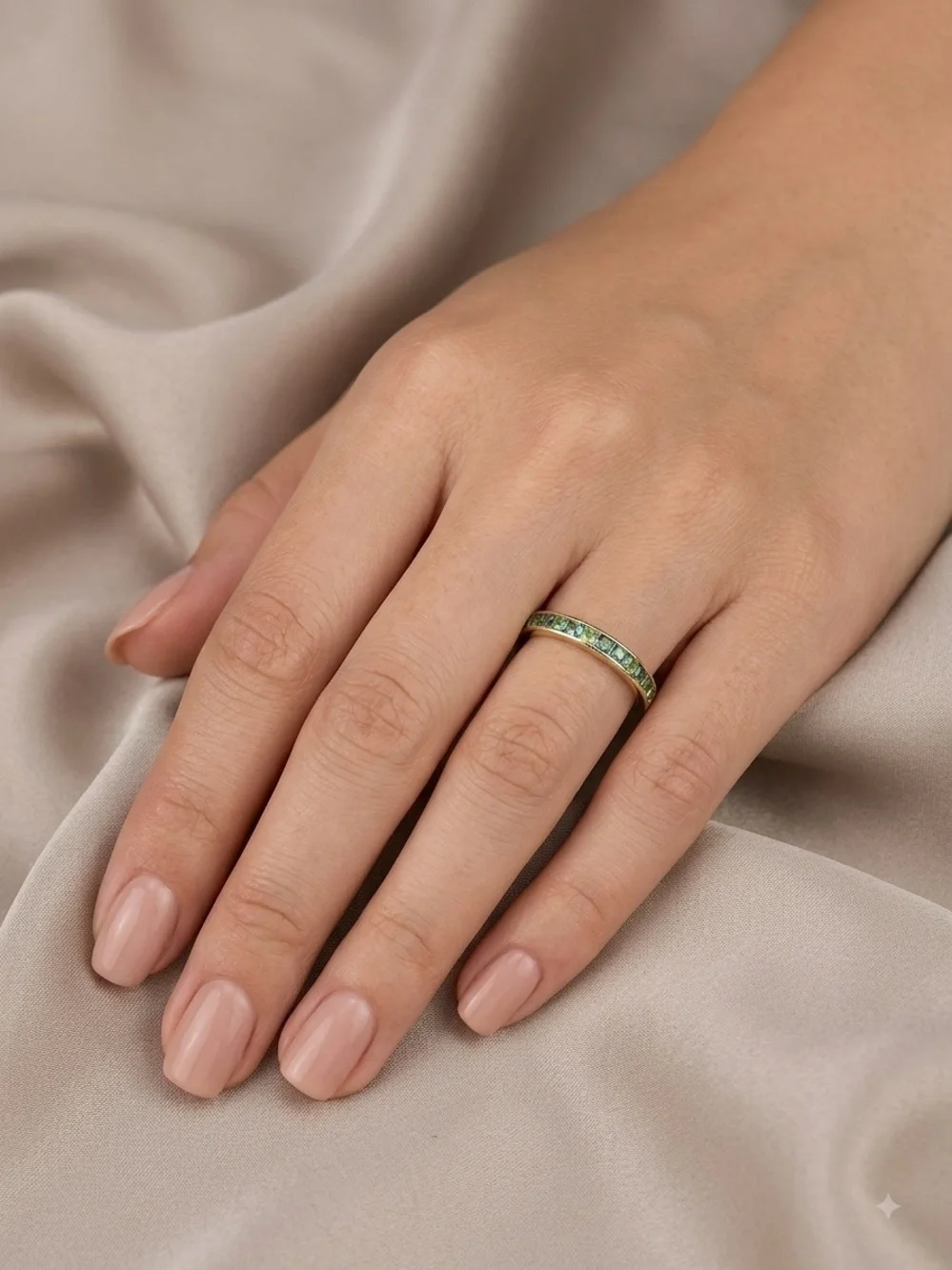 10kt Gold “I Love You” Emerald and Diamond Channel-Set Band Ring